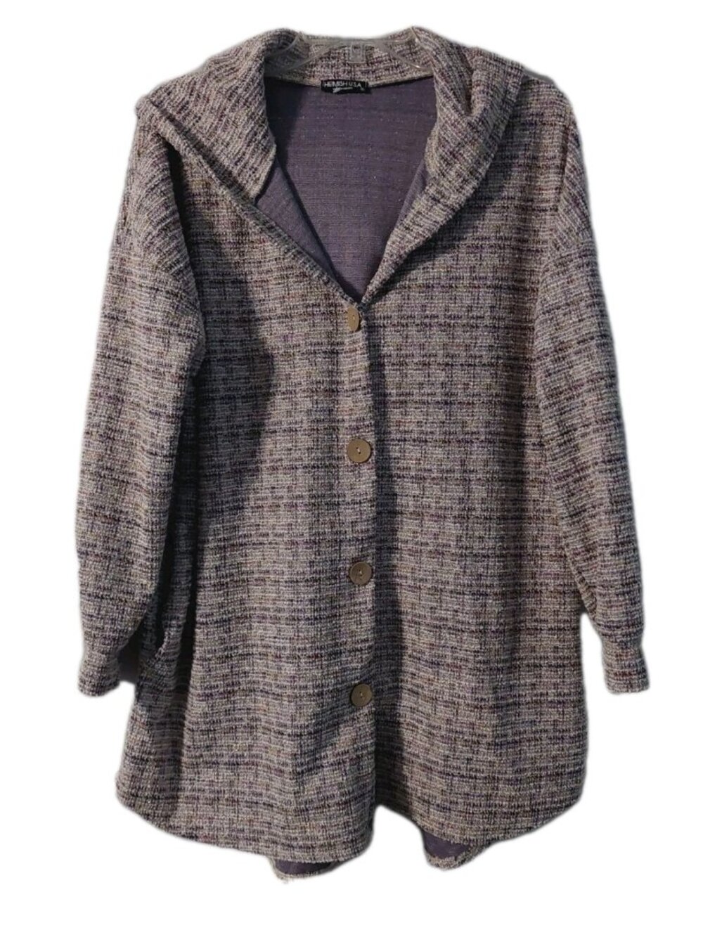 Heimish Womens Cardigan Size Small Button Down Hooded Boucle Checker Multicolor